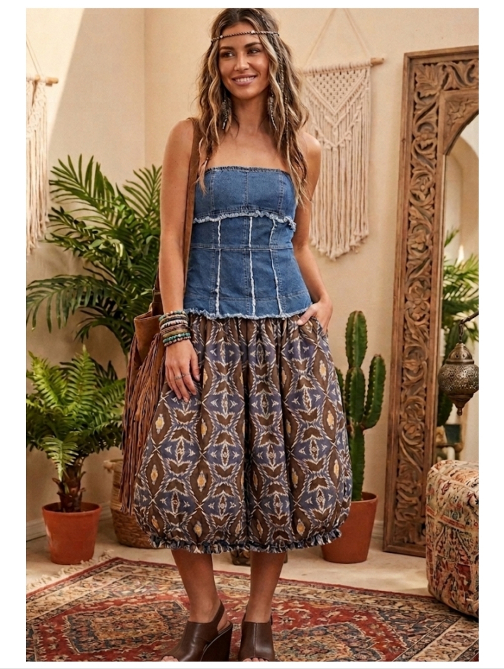 Boho Printed Bubble Midi Skirt in Brown & Blue